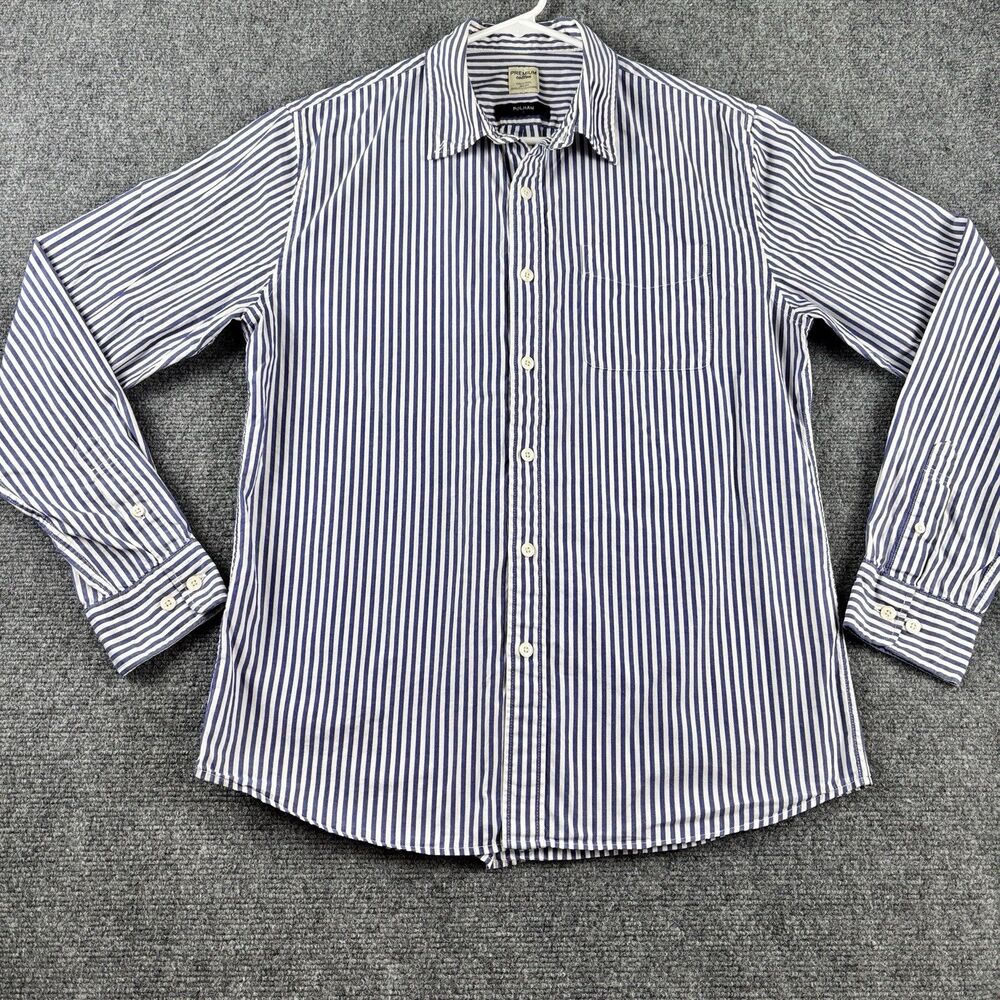 POLHAM Mens Shirt L Blue White Stripe Long Sleeve Button Up Pocket